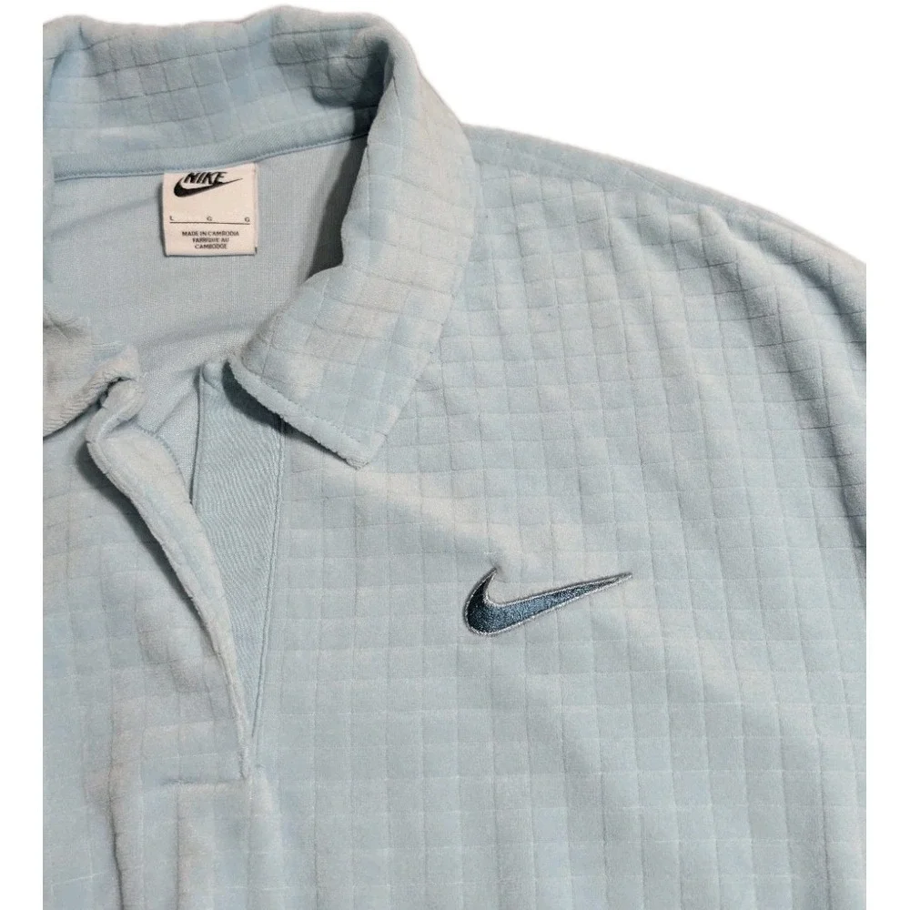 Nike Womens Cropped Velour Polo‎ Sweatshirt Blue Grid Textured Oversized L